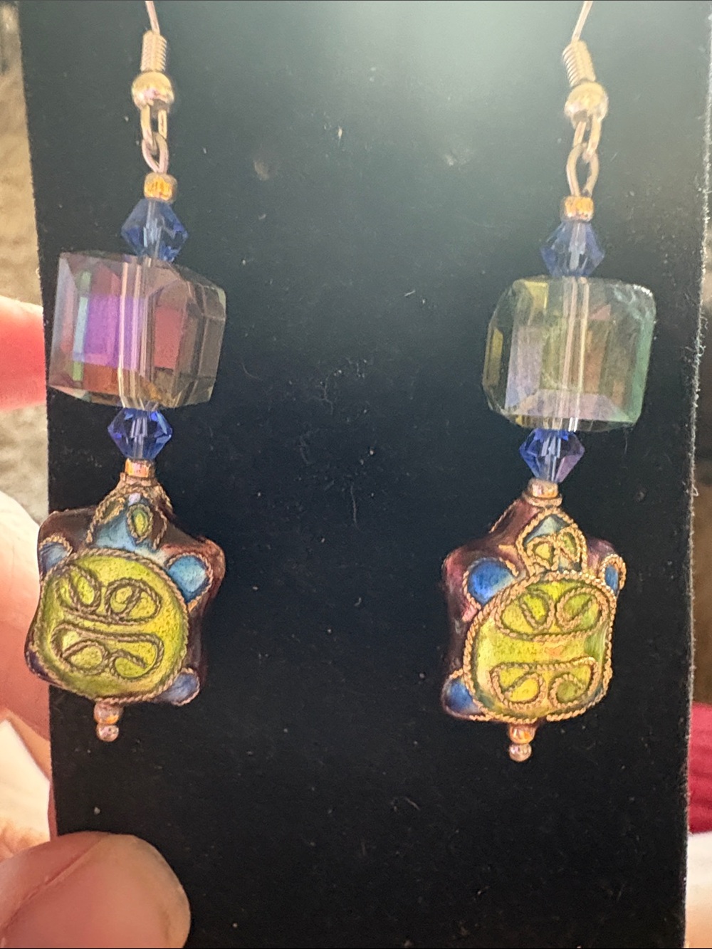 Hand Crafted Multicolor Turtle Dangle Earrings with Blue Accents